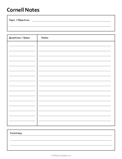 Cornell Note Taking Template - Lined
